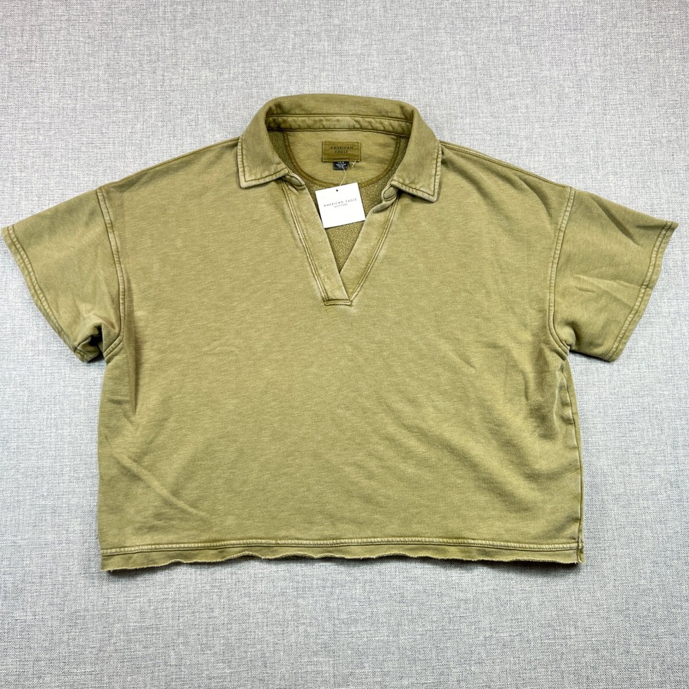 American Eagle Cropped Polo Sweatshirt Top Women Large Raw Hem‎ Olive Green NWT